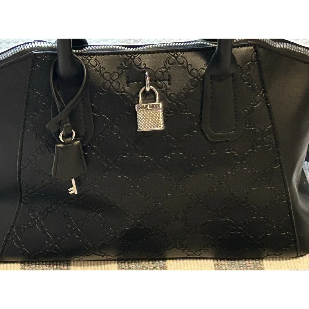 Nine West - Patterned - Solid Black - Satchel- Hand Bag W/Lock + Key Decor